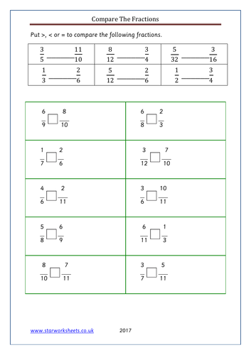 year 5 compare the fractions worksheet teaching resources