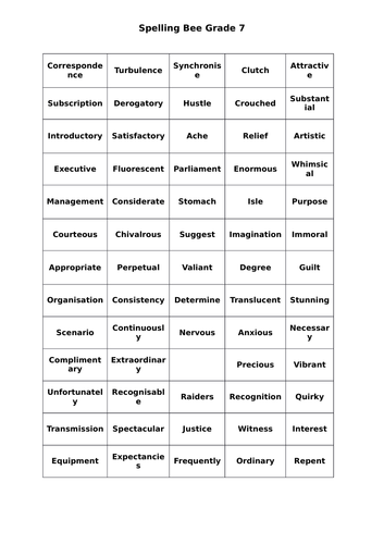 spelling bee words for grade 345 teaching resources