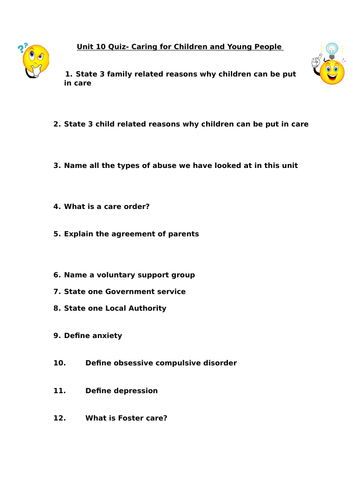Unit 10 Caring for Children and Young People- End of unit quiz ...