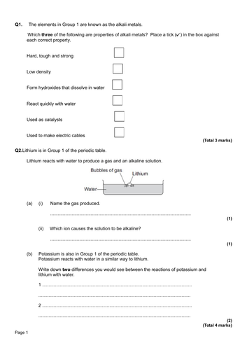 aqa gcse c2 the periodic table selection of exam questions