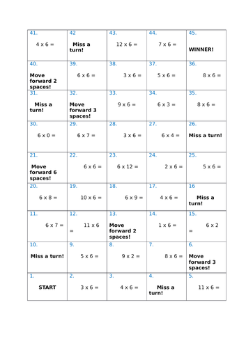 6 times table board game