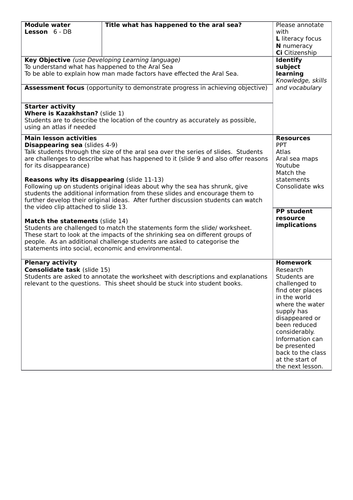 KS3 - Energy unit - L15 what has happened to the aral sea - fully resourced