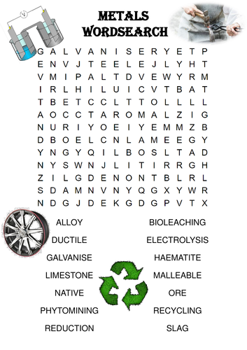 Chemistry word search Puzzle: Metals (Includes solution)