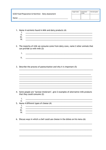 GCSE FOOD PREP - DAIRY PRODUCTS ASSESSMENT