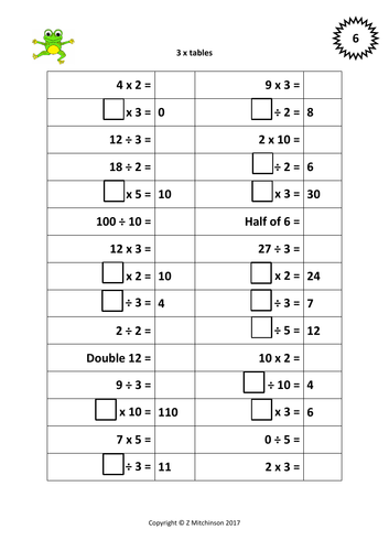 year 3 times tables homework
