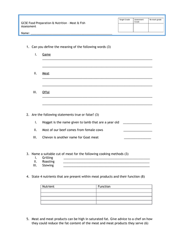 GCSE FOOD PREP -  MEAT & FISH ASSESSMENT