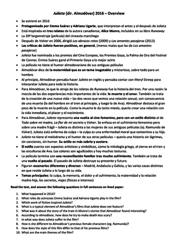 Julieta Almodóvar Background notes Spanish reading comprehension