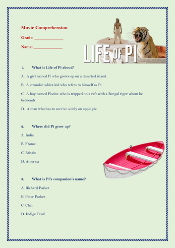 Movie Life of Pi comprehension Quiz with Key | Teaching Resources