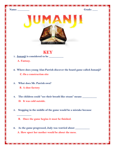 Movie Jumanji 1995 Comprehension Quiz Worksheet With Key Teaching