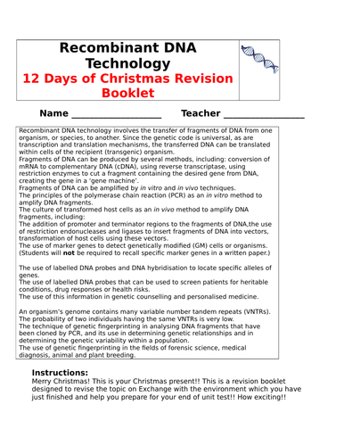 AQA A LEVEL BIOLOGY - RECOMBINANT DNA TECHNOLGY REVISION BOOKLET ...