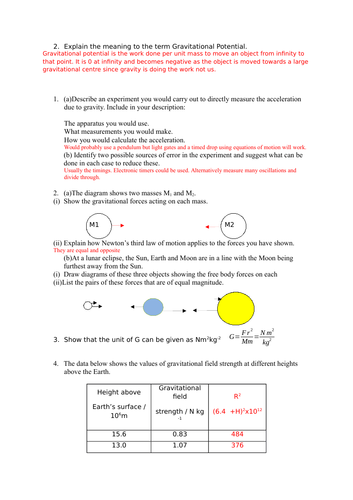 Answers to A-level Gravitational fields notes and question booklet.