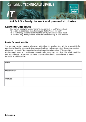 OCR Cambridge Technicals in IT - Unit 1 - 4.4 & 4.5 -Ready for work and personal attributes