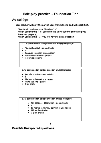 GCSE French Foundation role play practice