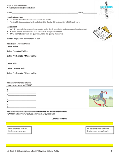 A-LEVEL PE: Skill Acquisition: Skill and ability revision