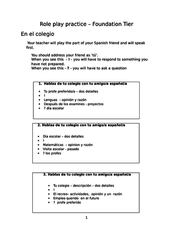 GCSE Spanish role play practice