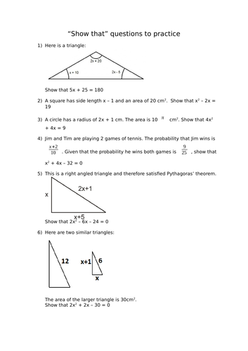 "show that" questions for GCSE | Teaching Resources