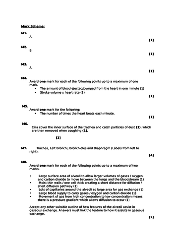 AQA GCSE PE (New Specification 2016) Chapter 1b: The Cardiovascular and Respiratory System Test + MS