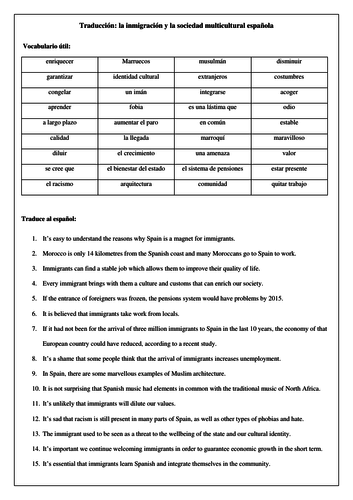 Spanish immigration translation exercises with answers: key vocabulary and thematic translation