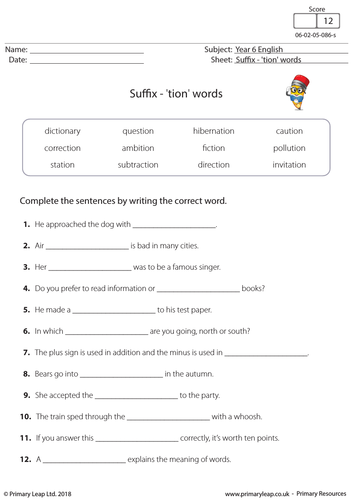 KS2 English Worksheet: Suffix - 'tion' words | Teaching Resources