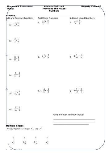 Adding and Subtracting Fractions and Mixed Numbers Homework with