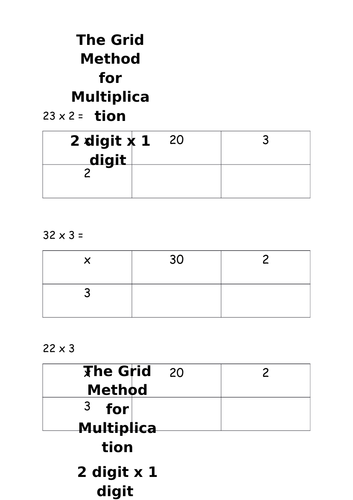 Grid Method Multiplication 2 Digit By 1 Digit Worksheet