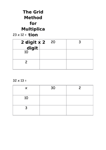 The Grid Method For Multiplication 2 Digits By 2 Digits Teaching Resources