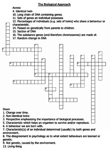 Biological approach crossword Teaching Resources