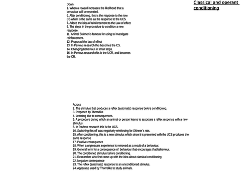 Classical and Operant conditioning crossword