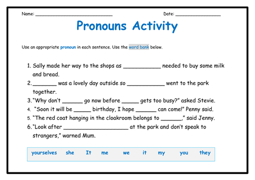 Pronouns - Activity, Word Mat and Poster