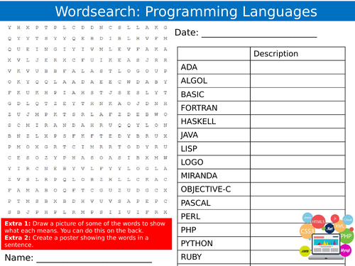Programming Languages Wordsearch Sheet Keywords KS3 Settler Starter ...