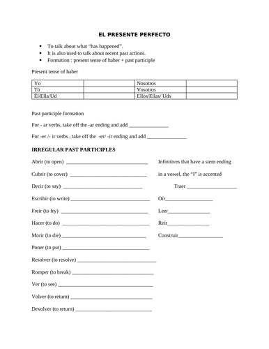 present perfect graphic organizer | Teaching Resources