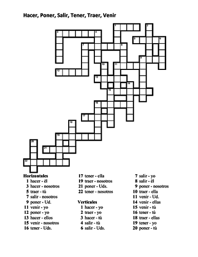 Hacer, Poner, Salir, Tener, Traer, Venir Spanish Verbs Crossword