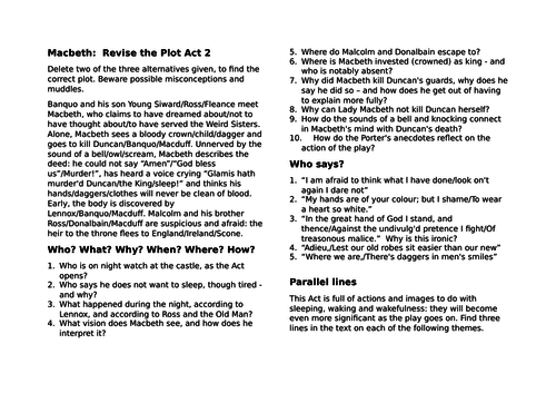 AQA Macbeth Revision Activity Plot Summary &amp; Questions on Act 2