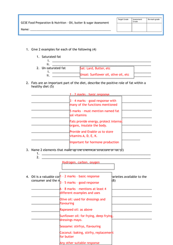 GCSE FOOD PREP - BUTTER, OIL & SUGAR ASSESSMENT