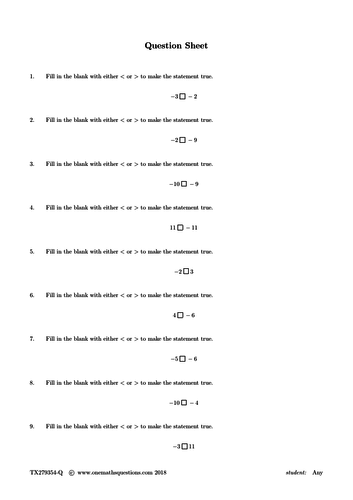 Negative Numbers Worksheets Teaching Resources 5118