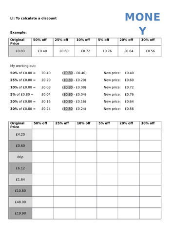 Money: Calculate a Discount - 2 worksheets (KS2)