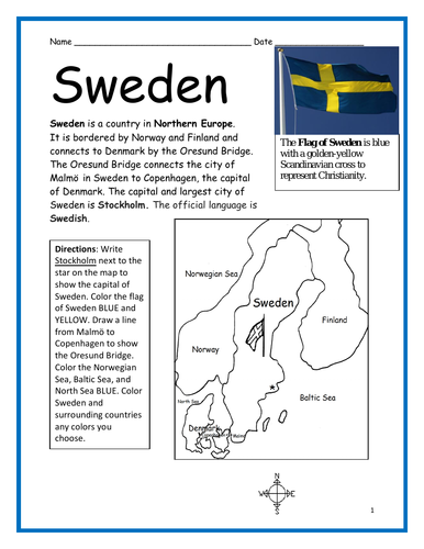SWEDEN - Printable handout with map and flag | Teaching Resources