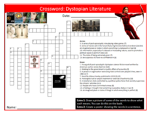 Dystopian Literature Crossword Puzzle Sheet Keywords KS4 Settler ...