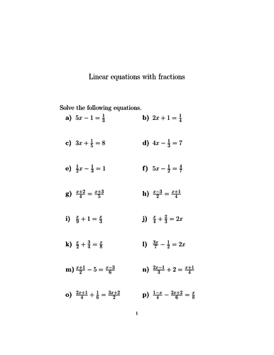 Linear equations with fractions worksheet (with solutions) | Teaching