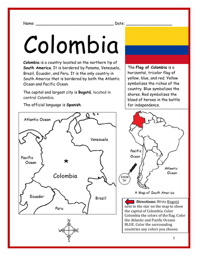 Colombia Printable Handout With Map And Flag Teaching Resources