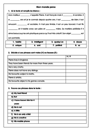 french ks3 mon monde perso reading comprehension basics personal