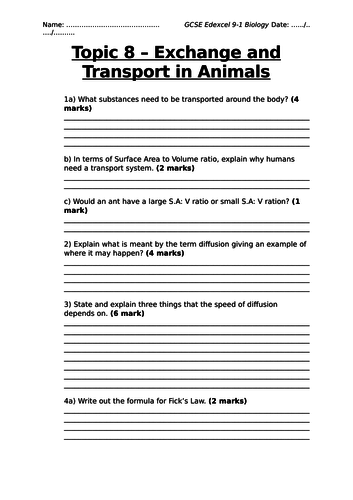 Topic 8 - Exchange and Transport in Animals EDEXCEL 9-1 WORKSHEET GCSE