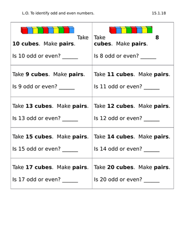 LA Year 2 Early Bird work, identifying odd or even numbers using cubes ...