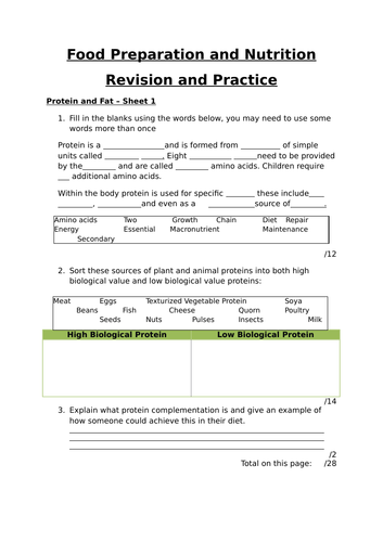 Protein and Fat Revision Worksheet AQA FPN