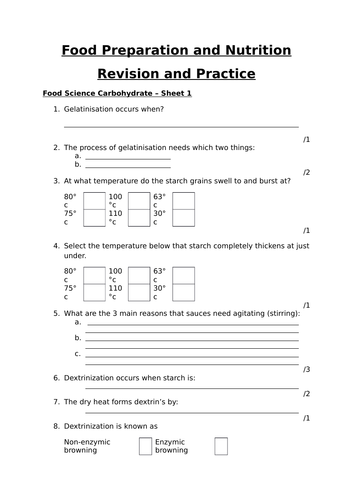 Carbohydrates - Food Science section AQA FPN Revision Worksheet