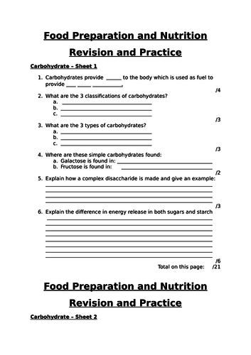 Carbohydrate Revision Worksheet AQA FPN