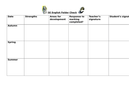 Folder check sheet for GCSE students