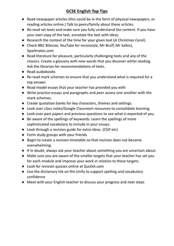 GCSE English Top Tips sheet