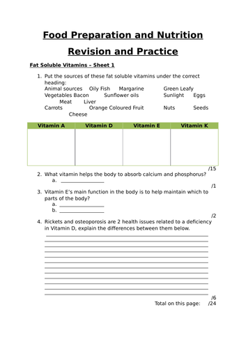 Fat and Water Soluble Vitamins Revision Worksheet AQA FPN