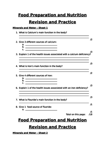 Minerals and Water Revision worksheet AQA FPN